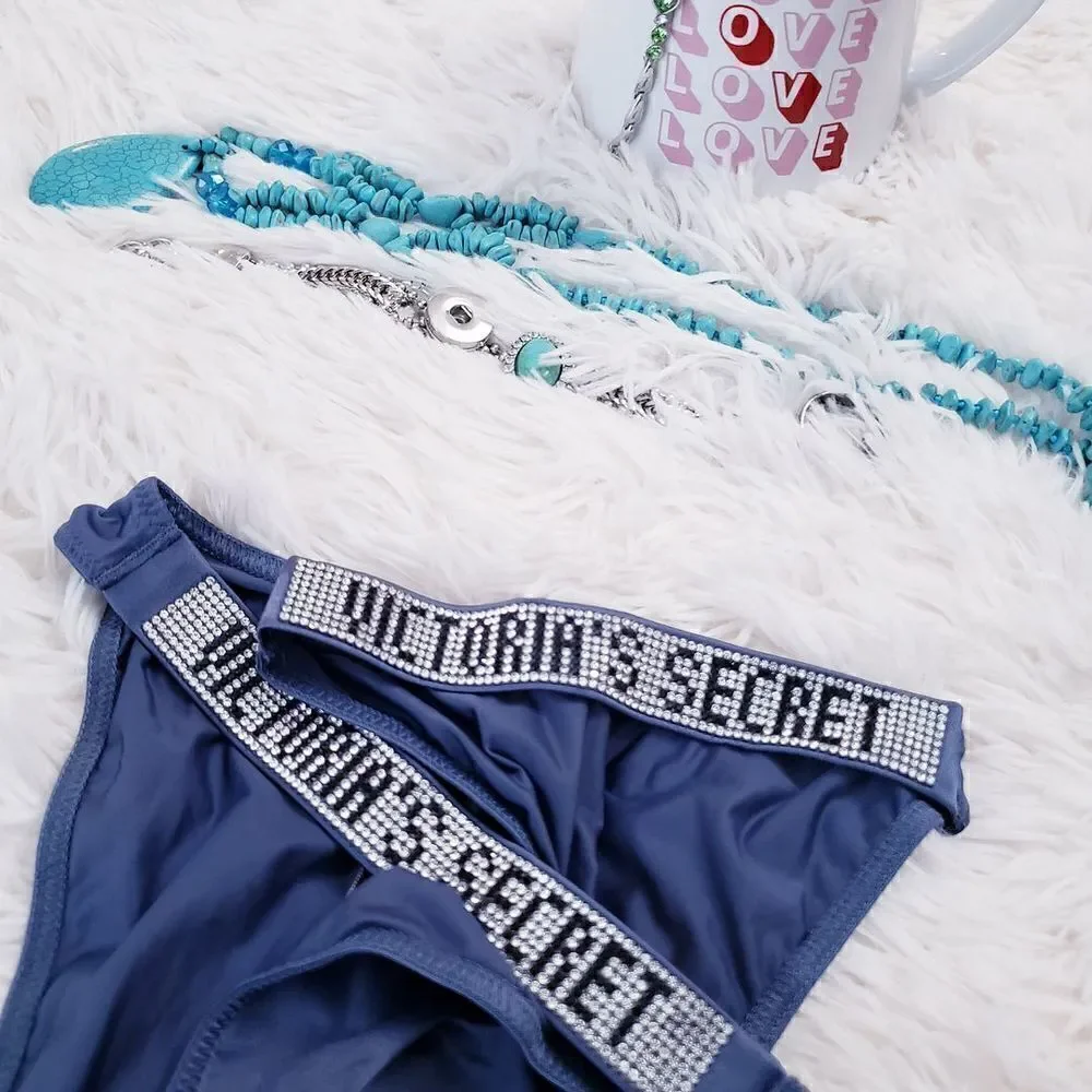 Victoria's Secret BRAZILIAN XLARGE Gray Metallic Rhinestones Logo Very Sexy